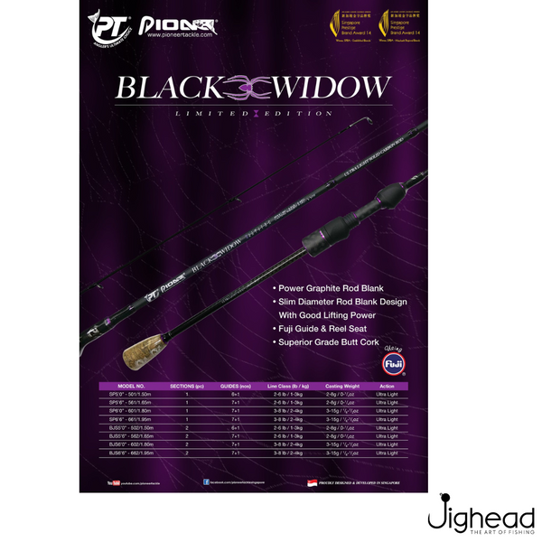 Pioneer Black Widow Solid Carbon 5ft-6'6ft Spinning Rod