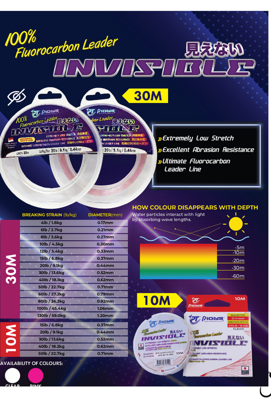 Pioneer Invisible Flurocarbon Leader 30M | 6lb-80lb