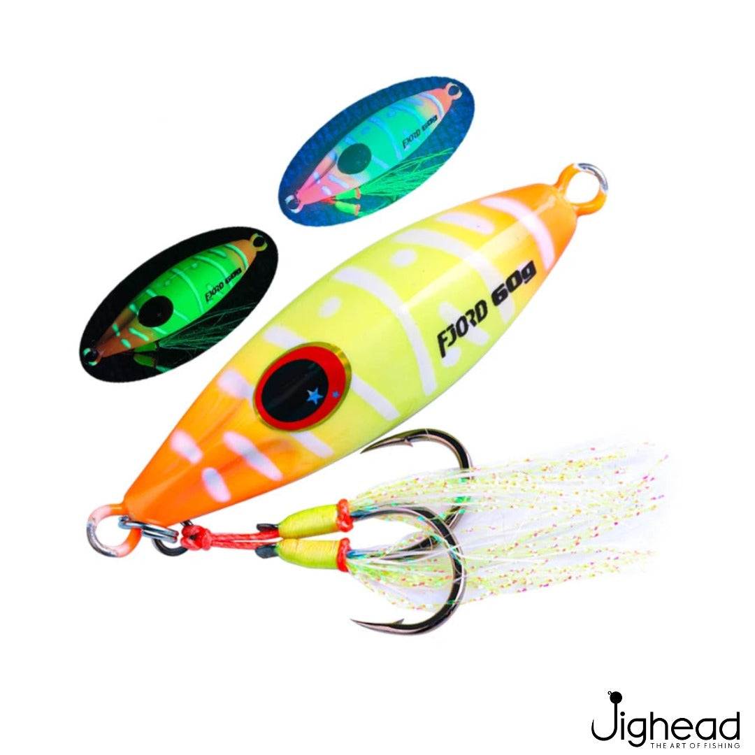 Fjord 40g slow pitch glow jig 3 - Orange Glow Stripe