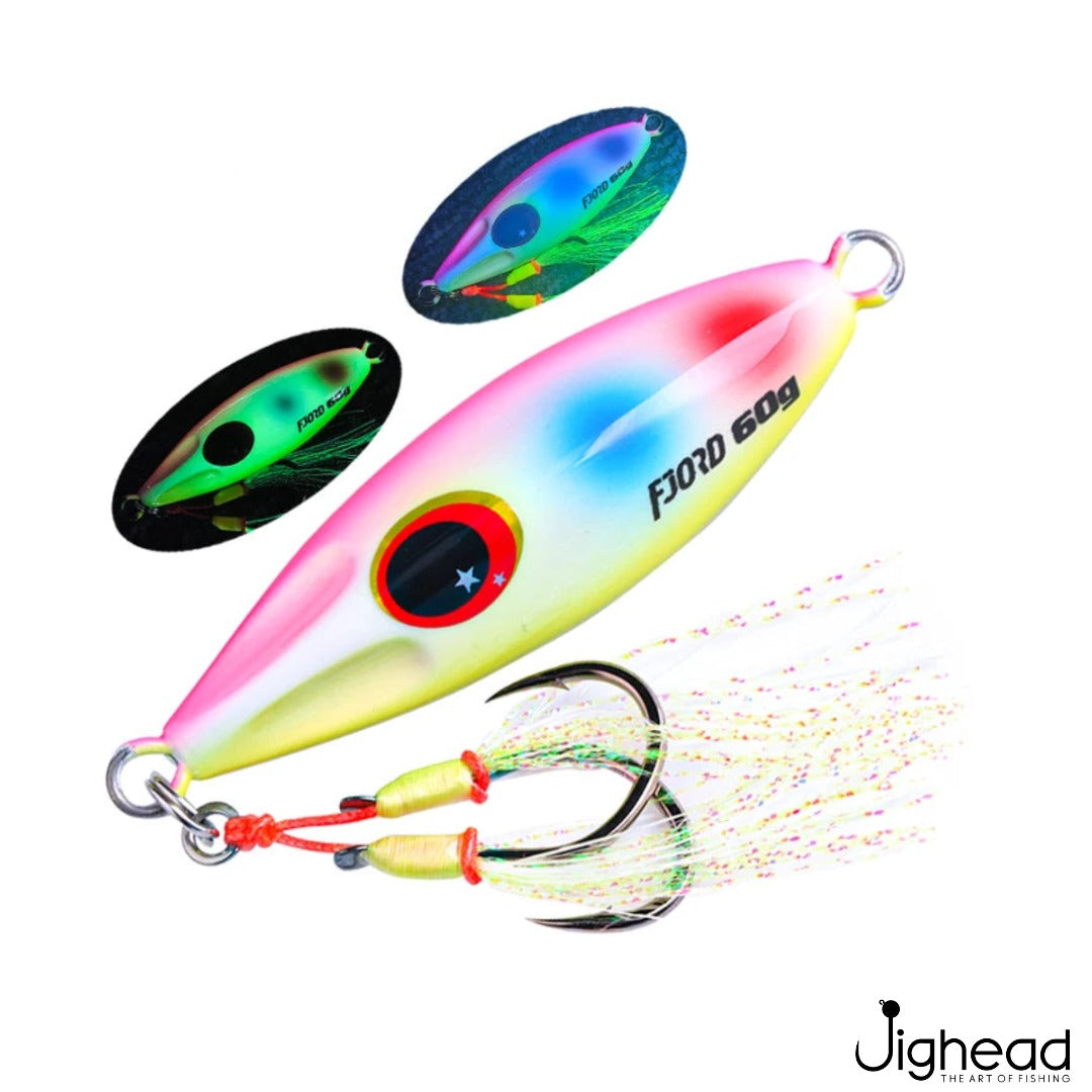 Fjord 40g slow pitch glow jig 4 - Pink Glow Blue Spots