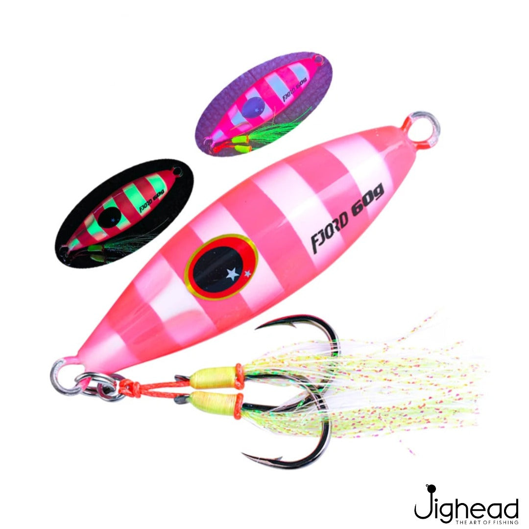 Fjord 40g slow pitch glow jig 5 - Pink Zebra Glow