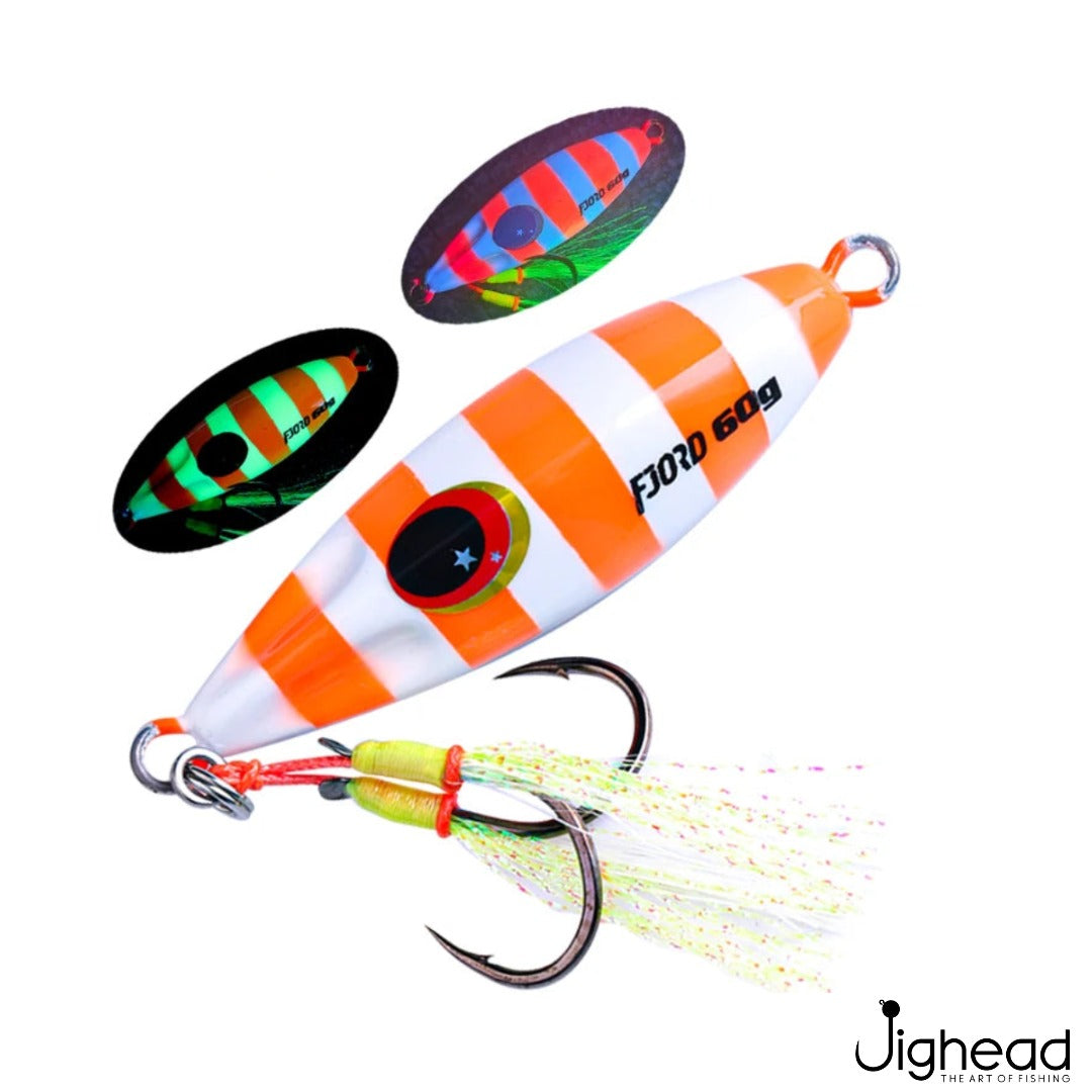 Fjord 40g slow pitch glow jig 7 - Orange Zebra Glow