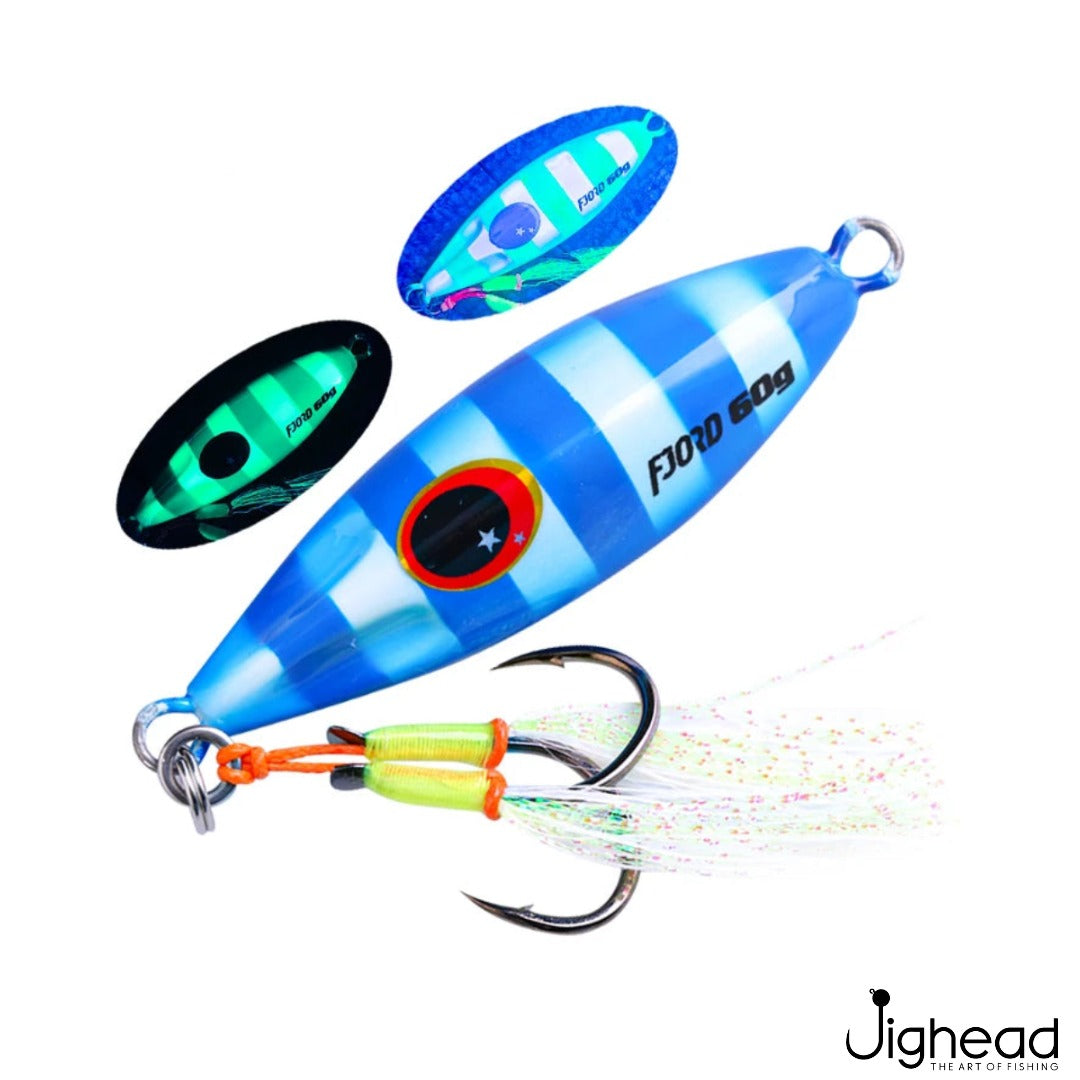 Fjord 40g slow pitch glow jig 9 - Blue Zebra Glow